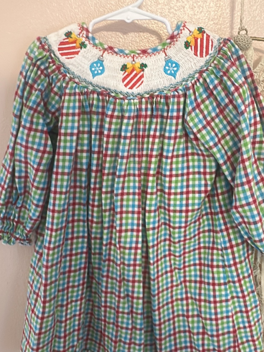 Girls Plaid Smocked Dress with Red Stripe Ornaments